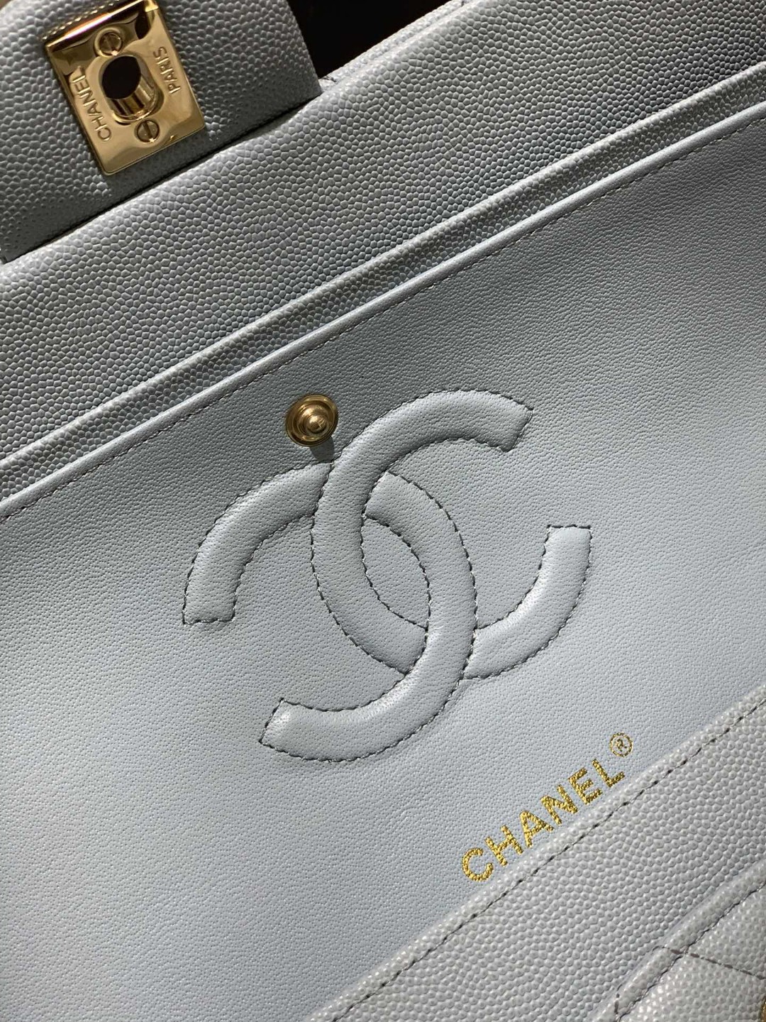 CHANEL CF 25cm 中号 升级版带芯片 2021春夏新品 全钢浅金金属 真品级 灰蓝小球纹搭配浅金扣  法国原厂Hass球纹鱼子酱牛皮