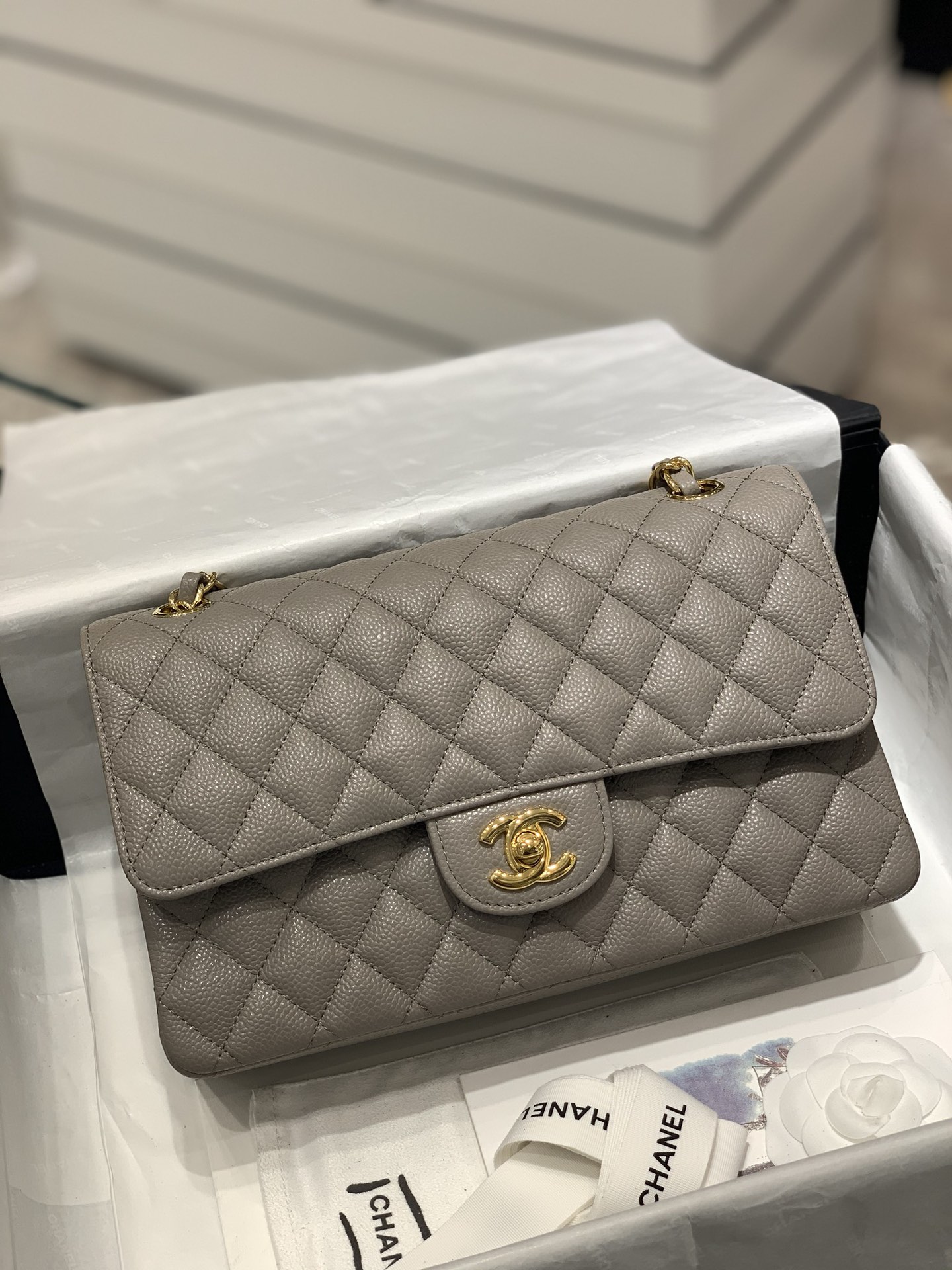 Chanel CF 25cm 新颜色️大象灰+亮金扣 法国原厂Haas球纹鱼子酱牛皮 中号25cm