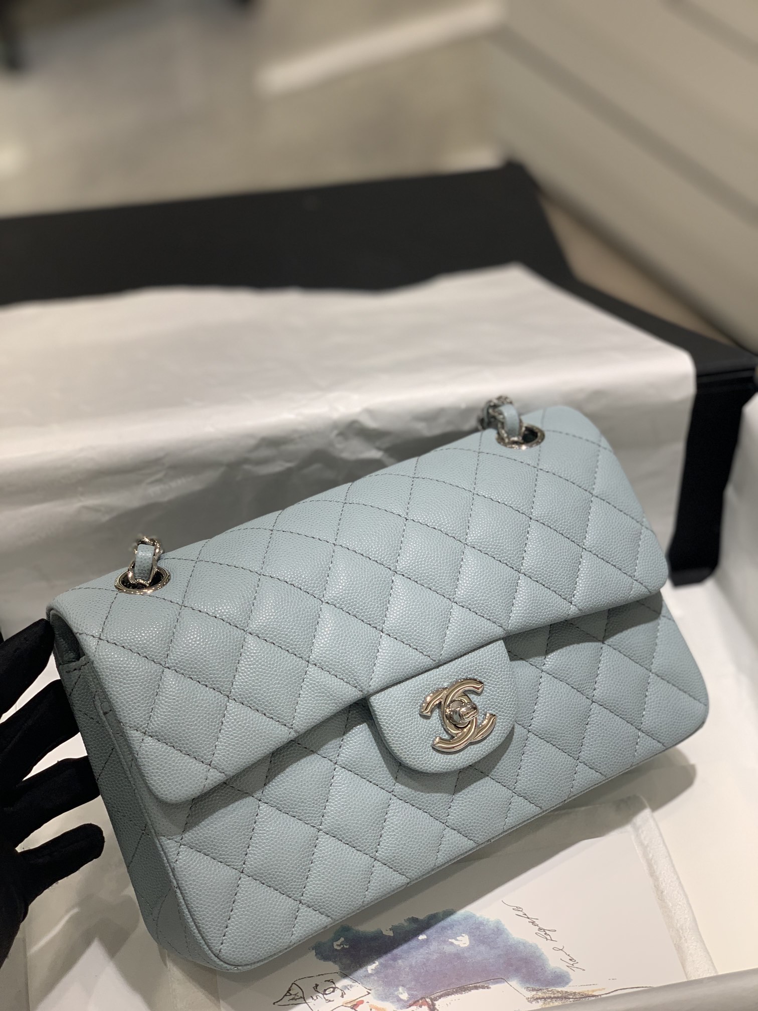 【真品级】Chanel CF 23cm 小号 灰蓝小球纹搭配银扣  法国原厂Haas球纹鱼子酱牛皮