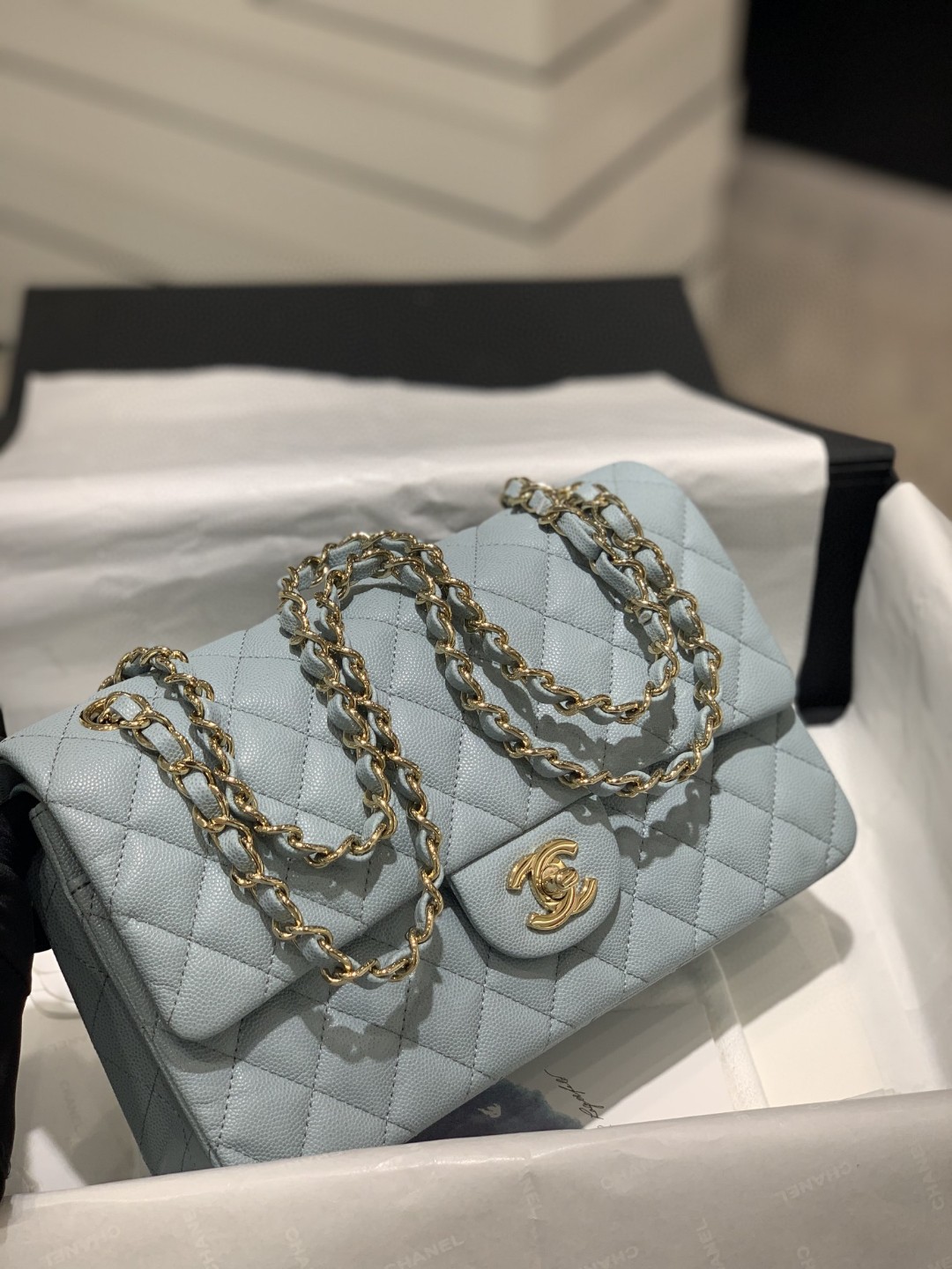 CHANEL CF 25cm 中号 升级版带芯片 2021春夏新品 全钢浅金金属 真品级 灰蓝小球纹搭配浅金扣  法国原厂Hass球纹鱼子酱牛皮