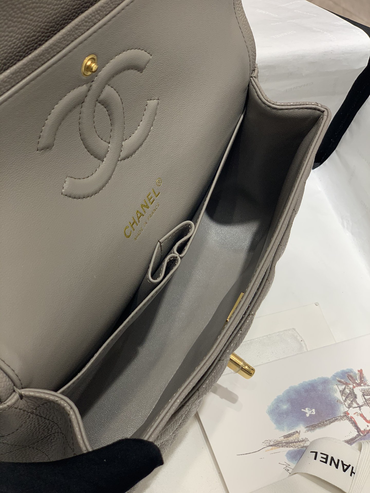 Chanel CF 25cm 新颜色️大象灰+亮金扣 法国原厂Haas球纹鱼子酱牛皮 中号25cm