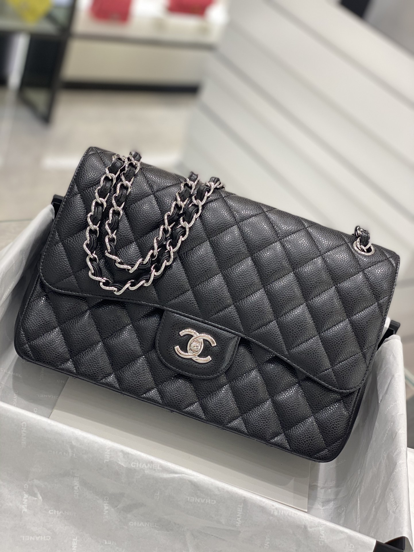 真品级 Chanel CF 30 黑色 银扣 法国原厂Haas球纹鱼子酱牛皮 30cm 原厂皮