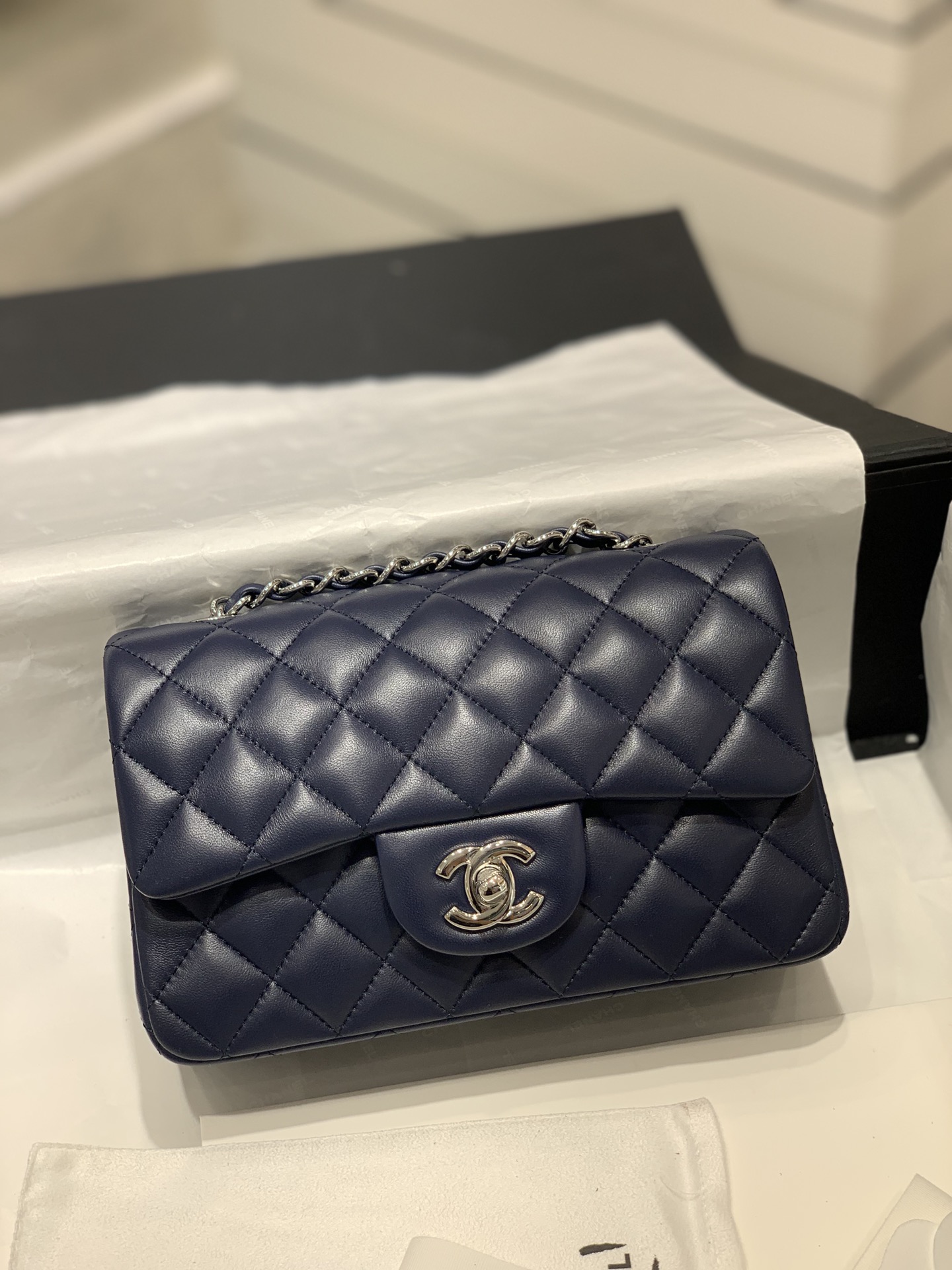 升级版带芯片 春夏新品  【真品级】CHANEL mini CF 20  原厂bodin joyeux 羔羊皮 深蓝银扣  少量现货 12-20-6cm