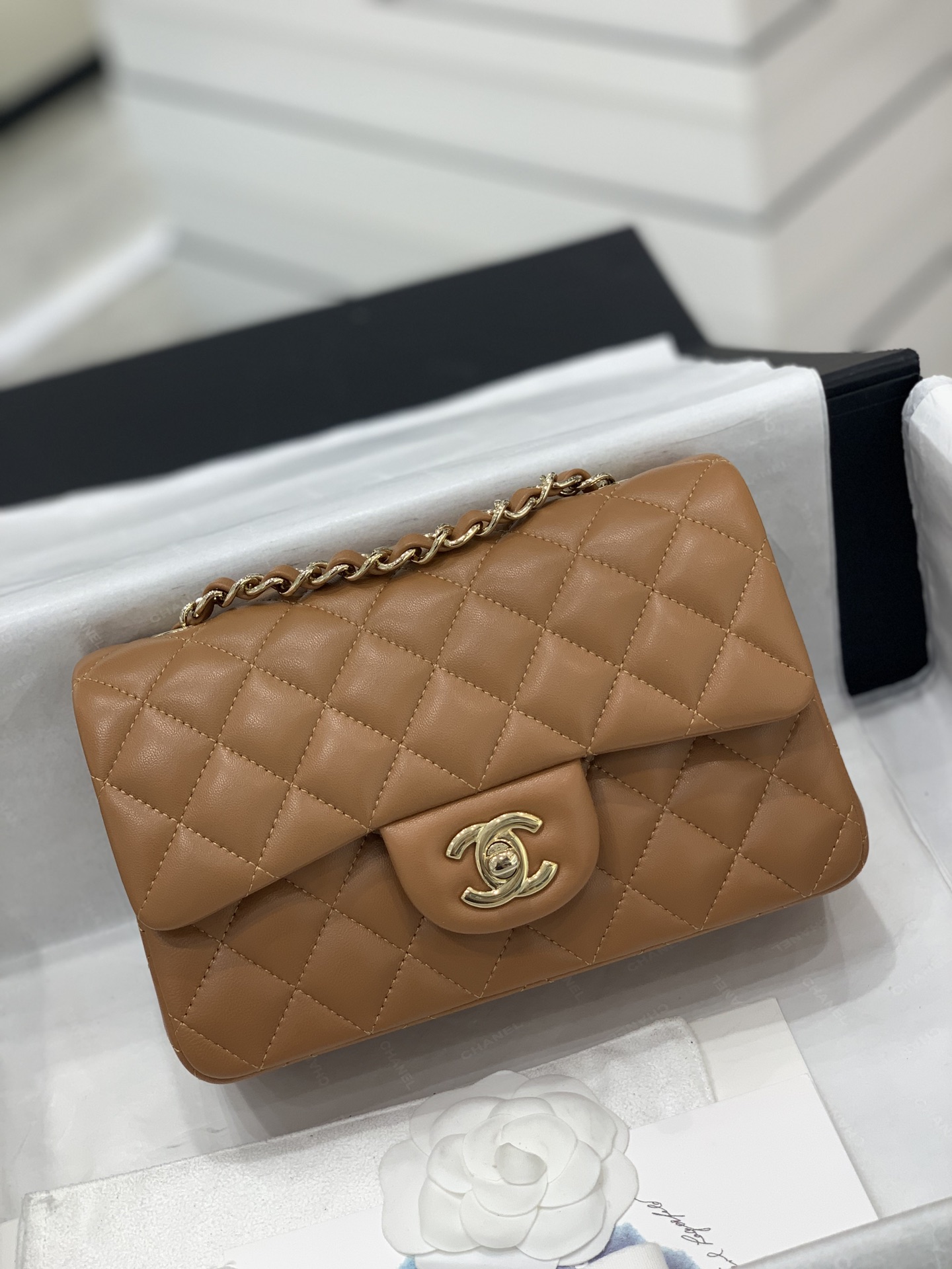 升级芯片版 春夏新品 全钢浅金色金属【真品级】Chanel CF mini号 20cm 原厂 羔羊皮 新色焦糖色