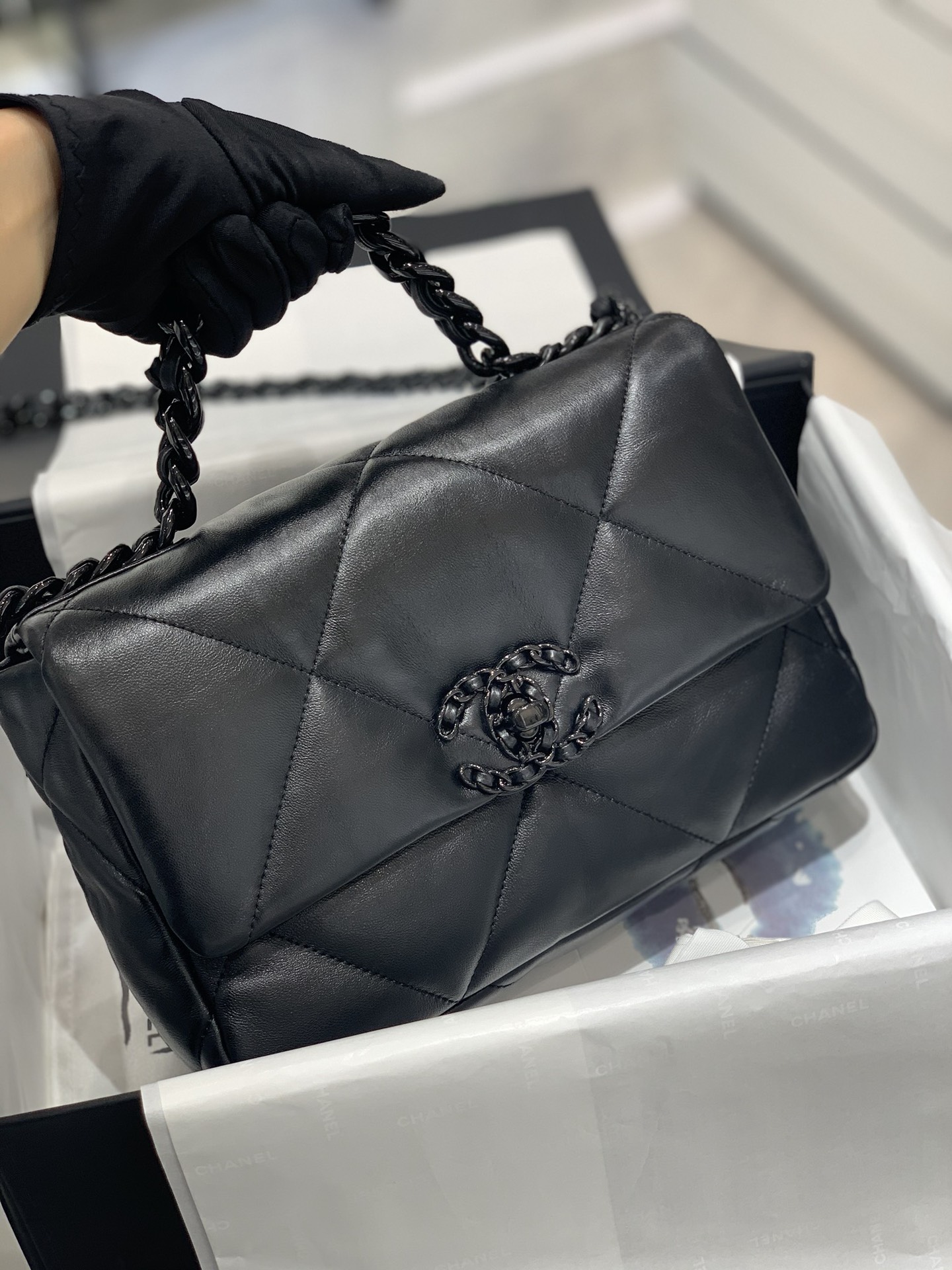 CHANEL隐藏款 19bag so black全黑 小香迷菱格纹、皮链袋、双C标志 26cm