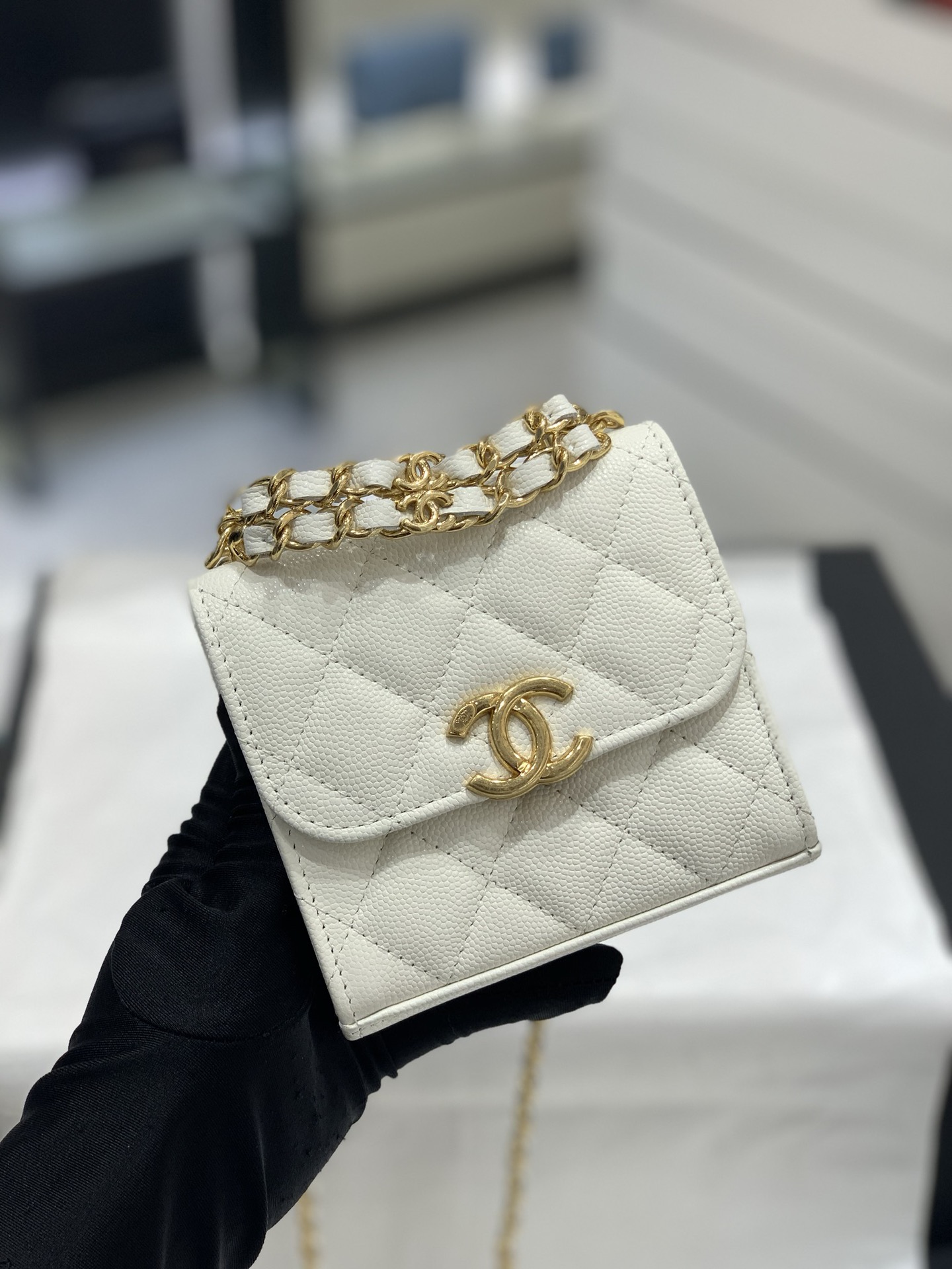 Chanel Lambskin Chevron Trendy CC Wallet On Chain WOC Bag A84456 White 2018   Trendy wallets Bags Chanel