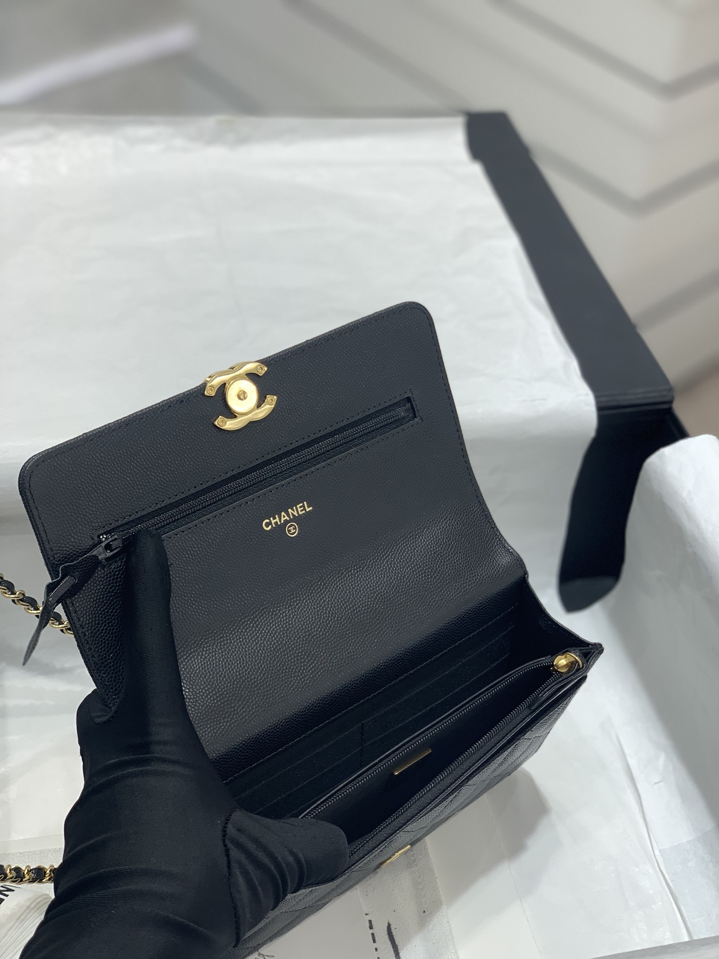 CHanel 22k秋冬新品 双链条手拎包系列woc发财包 黑色 翻盖菱格包