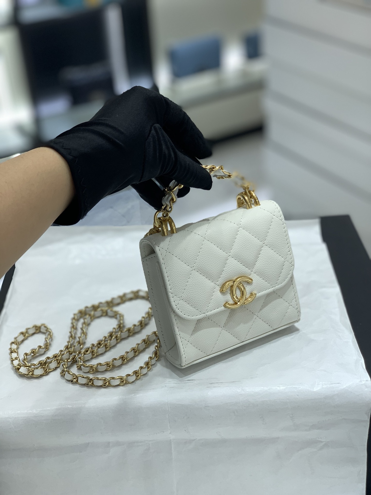 CHanel 22k秋冬新品 双链条手拎包系列trendy cc mini 新添双链条手柄桃鱼子酱牛皮 11-5.5-11cm