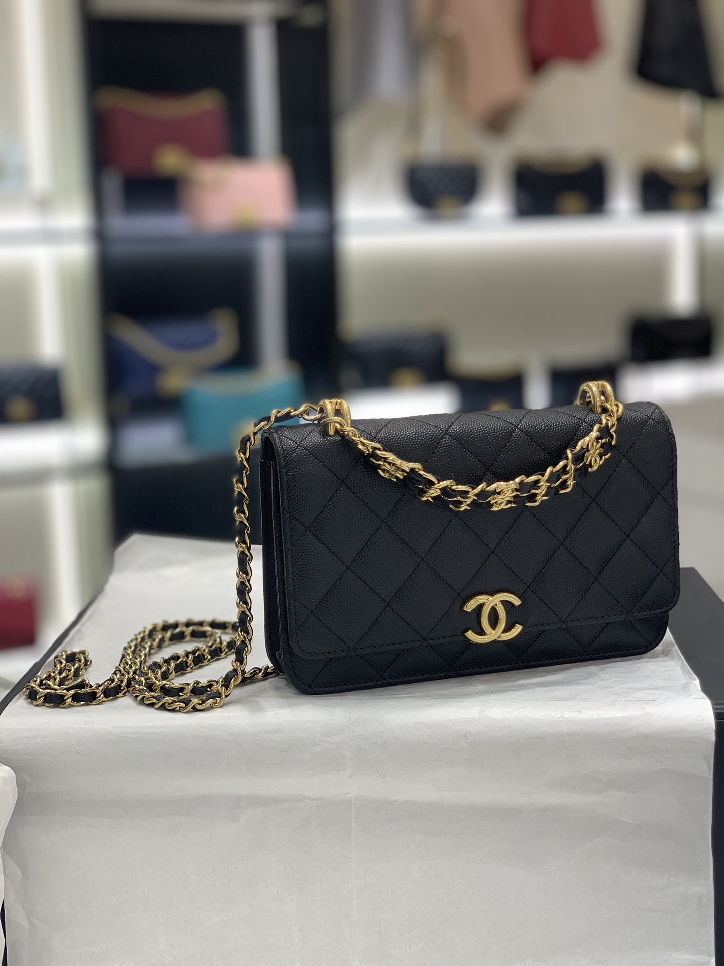 CHanel 22k秋冬新品 双链条手拎包系列woc发财包 黑色 翻盖菱格包