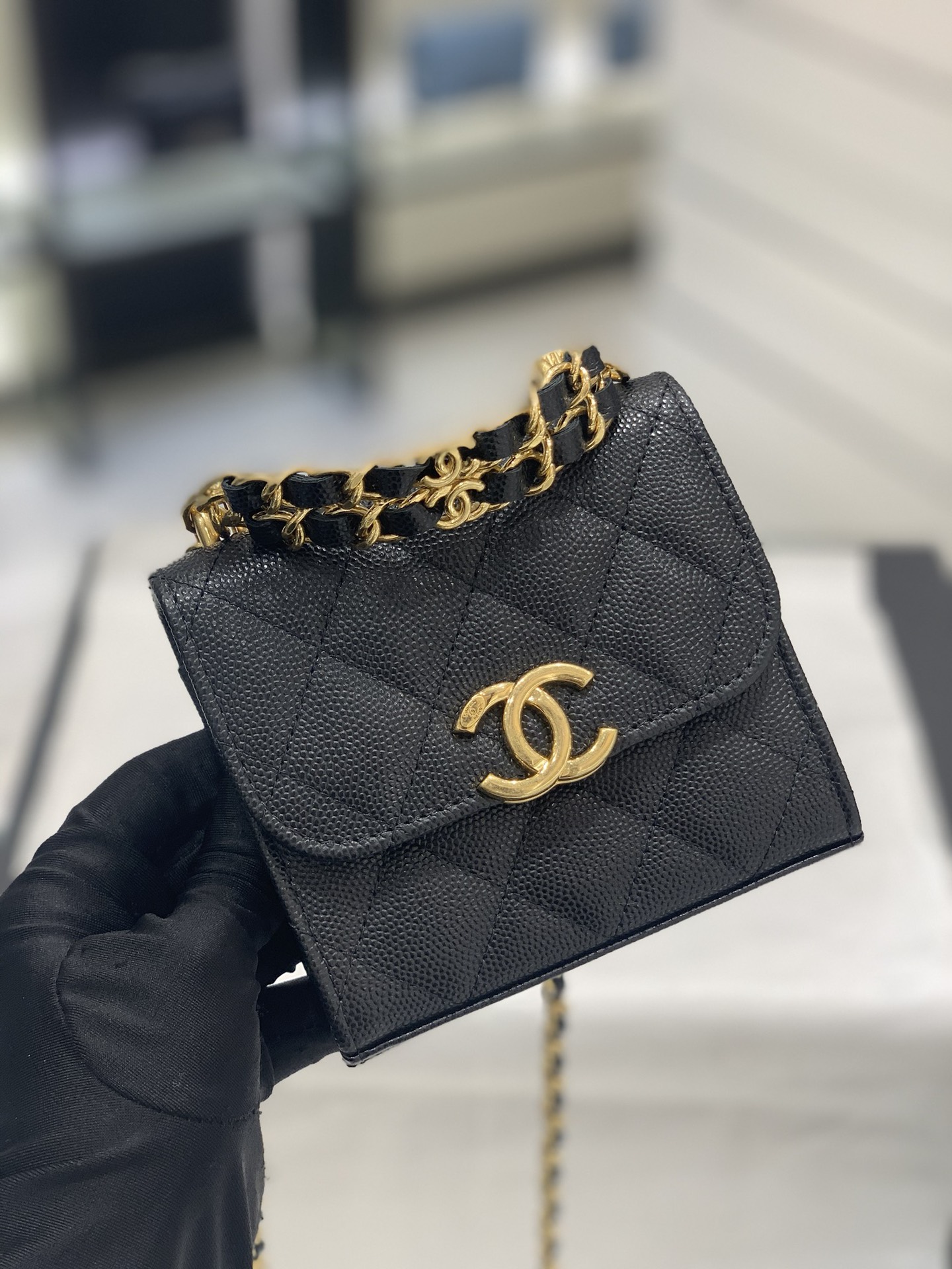 CHanel 22k秋冬新品 双链条手拎包系列trendy cc mini 新添双链条手柄桃鱼子酱牛皮