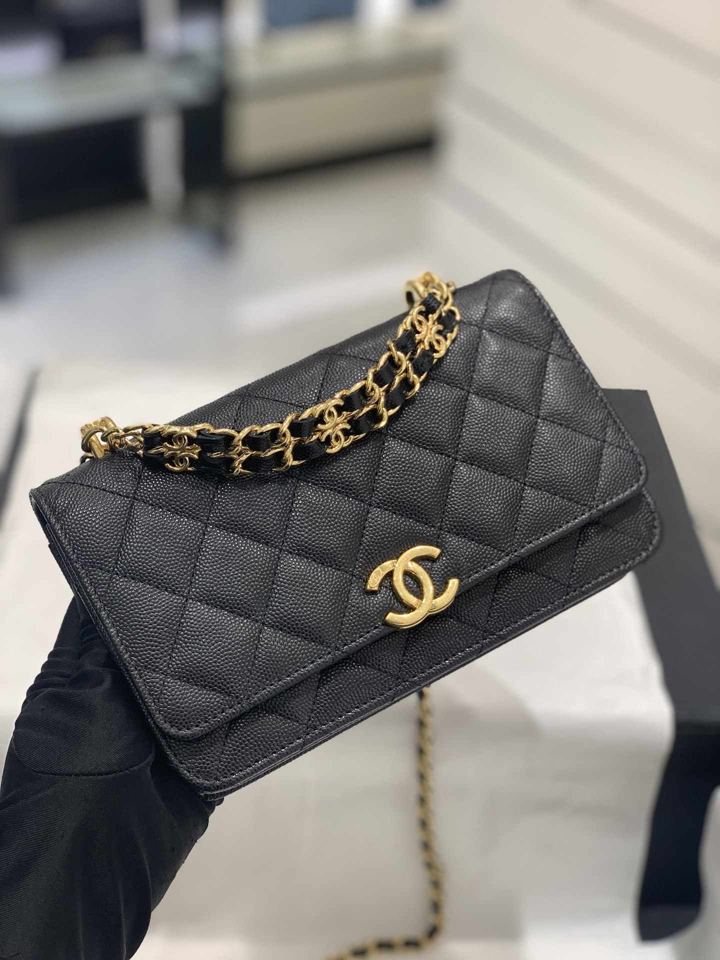 CHanel 22k秋冬新品 双链条手拎包系列woc发财包 黑色 翻盖菱格包