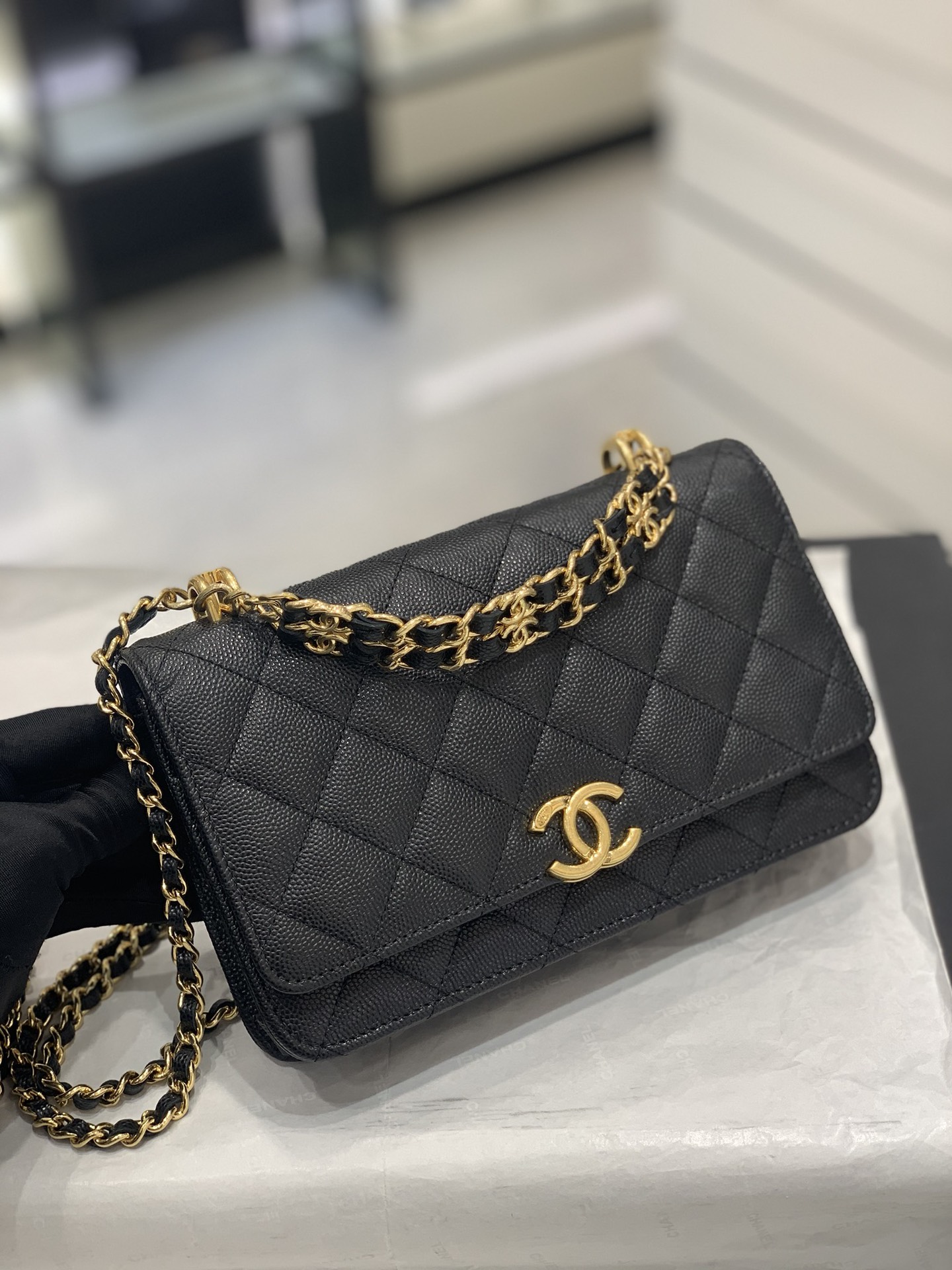 CHanel 22k秋冬新品 双链条手拎包系列woc发财包 黑色 翻盖菱格包