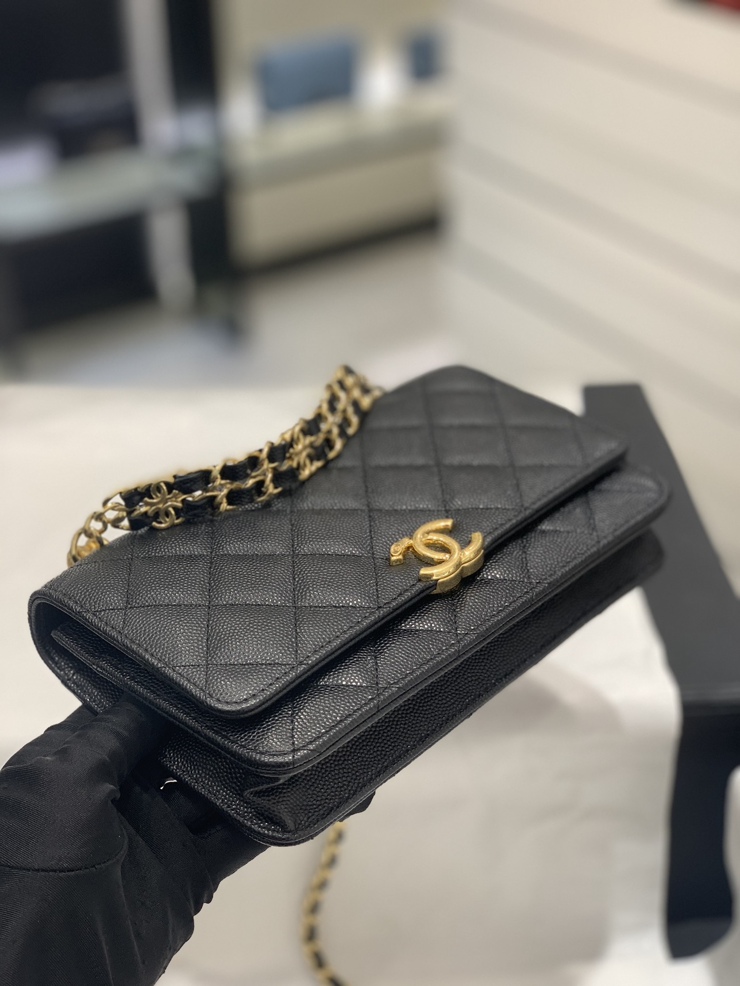 CHanel 22k秋冬新品 双链条手拎包系列woc发财包 黑色 翻盖菱格包