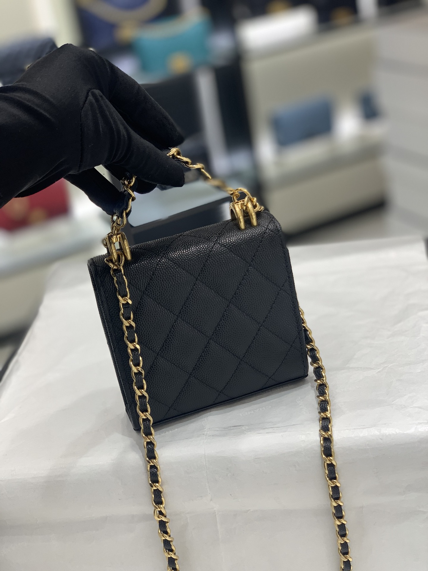 CHanel 22k秋冬新品 双链条手拎包系列trendy cc mini 新添双链条手柄桃鱼子酱牛皮