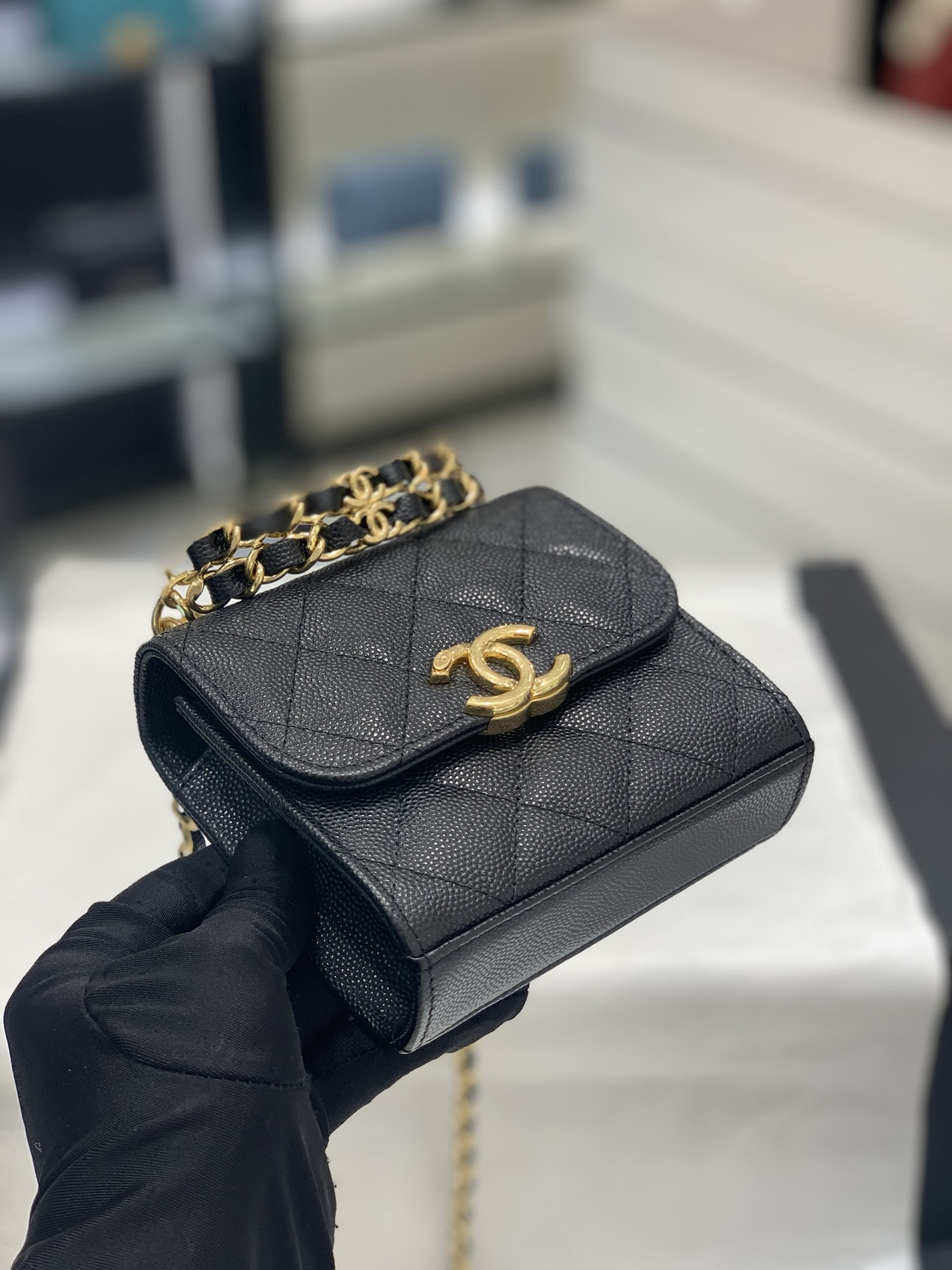 CHanel 22k秋冬新品 双链条手拎包系列trendy cc mini 新添双链条手柄桃鱼子酱牛皮