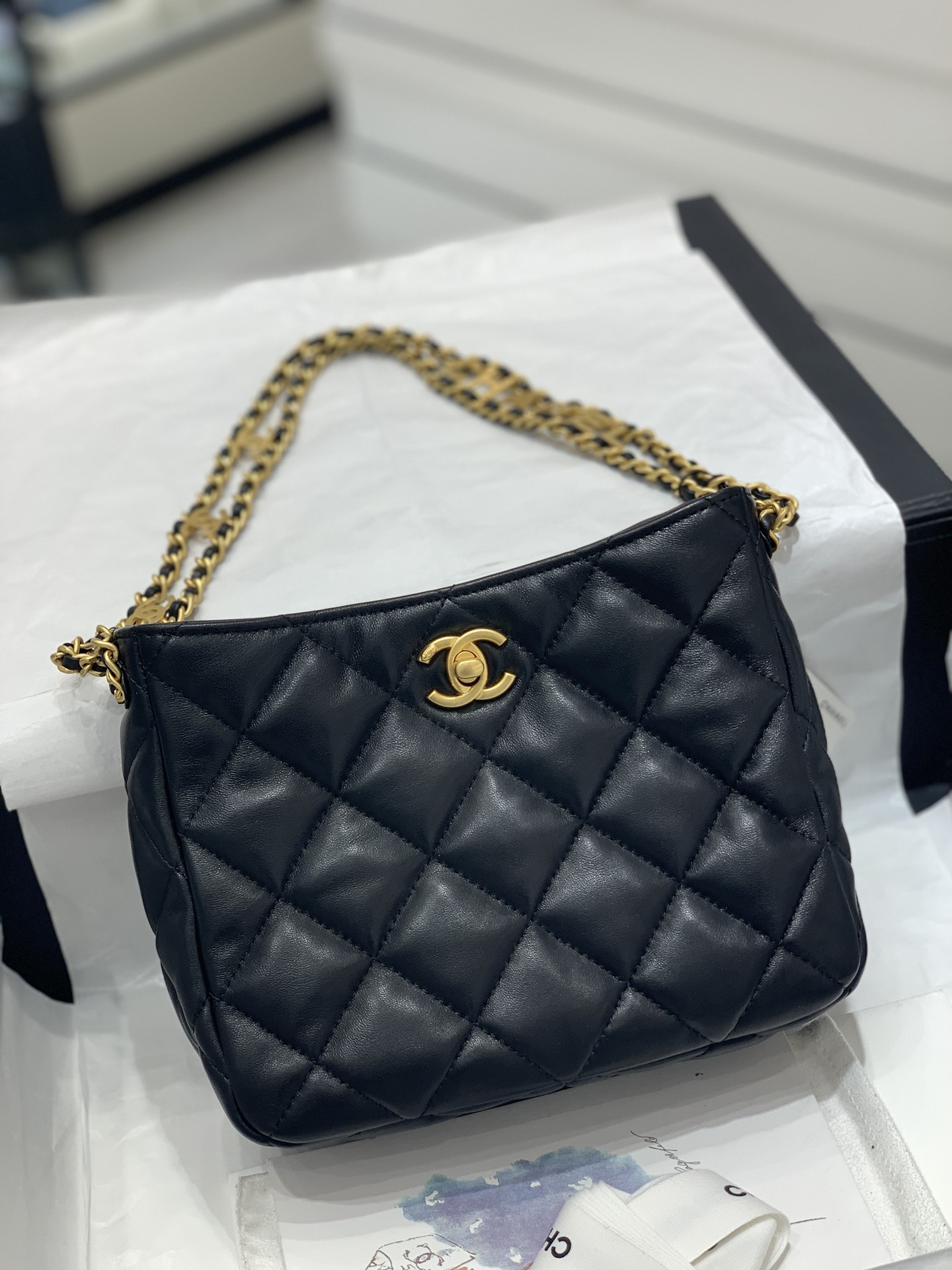 CHANEL AS3470 BLACK CAVIAR SLING BAG CHG7xxxx GHW WITH DUST COVER AND BOX