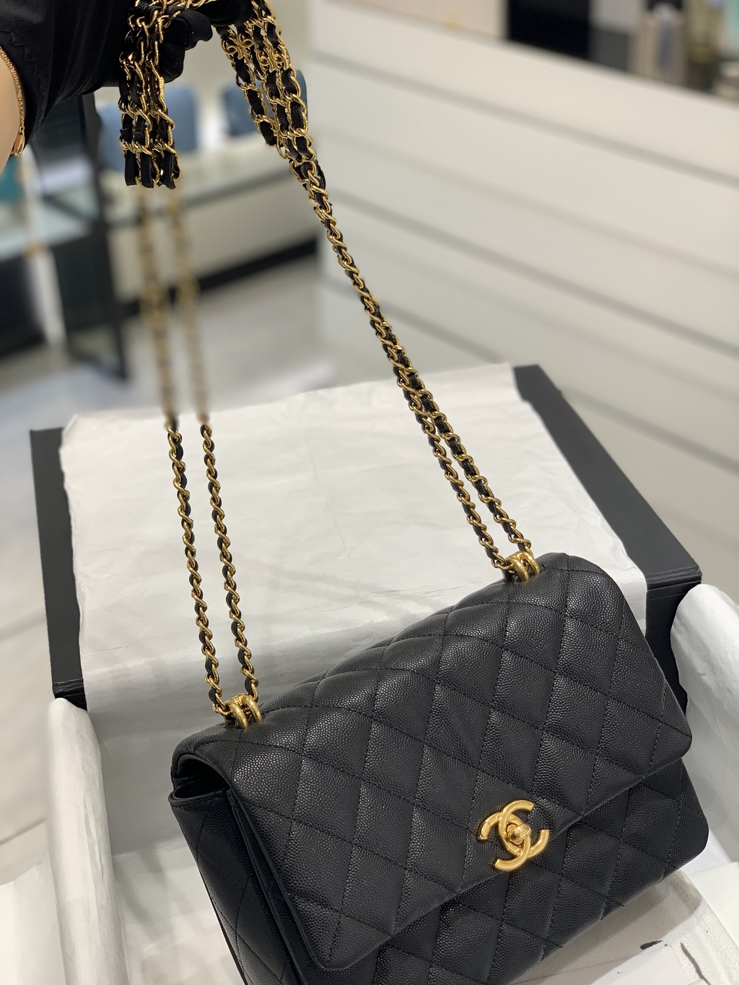 Chanel 新款️22k 荔枝牛皮方胖子大号 大容量 更实用 双排双c链 23cm