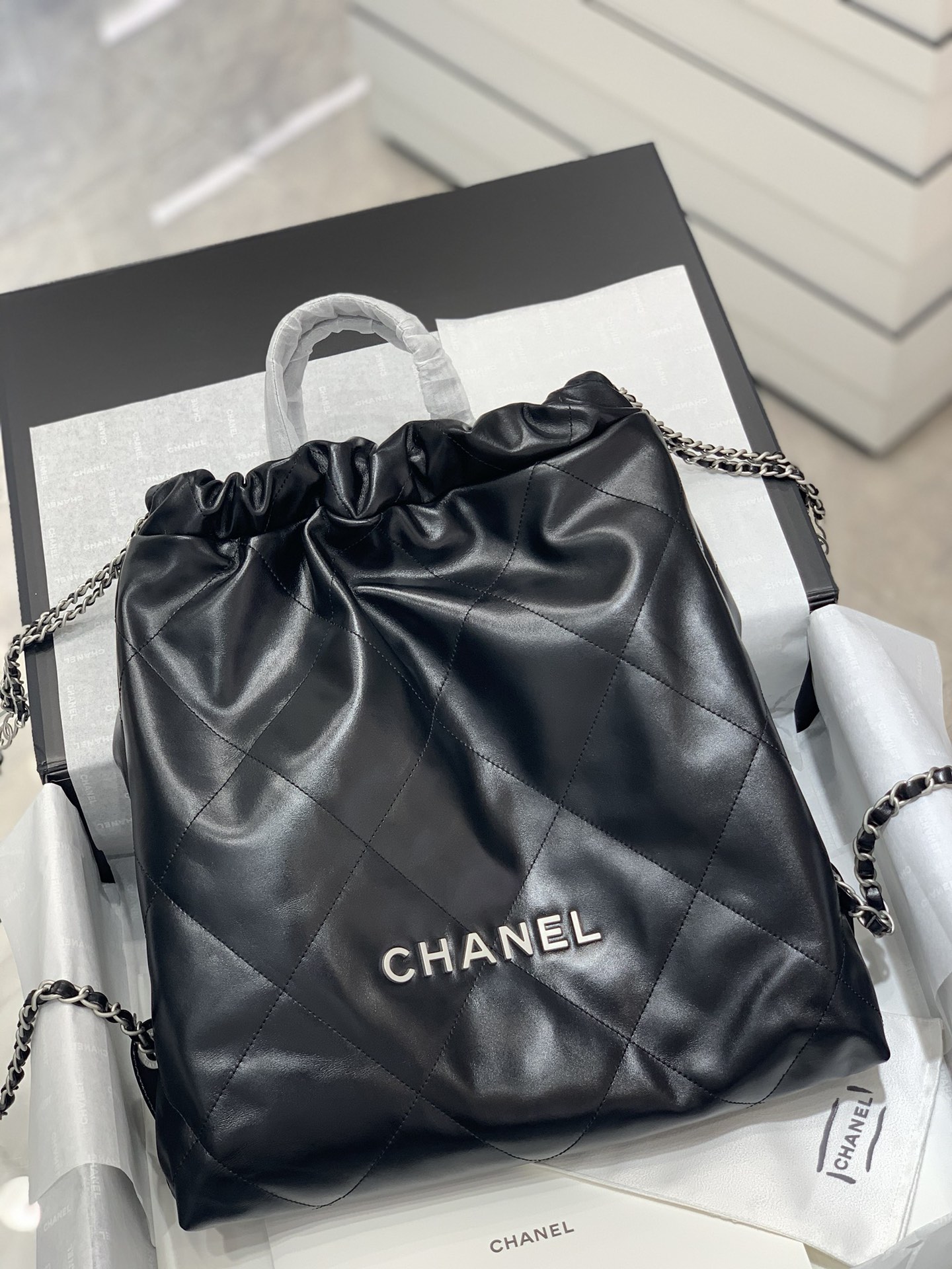 CHANEL 22S22bag双肩包 黑色银扣 垃圾袋背包 超大容量 51cm